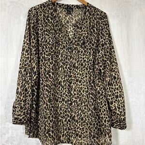Lane Bryant Blouse 18 20 Animal Print Cheetah Sheer Roll Tab